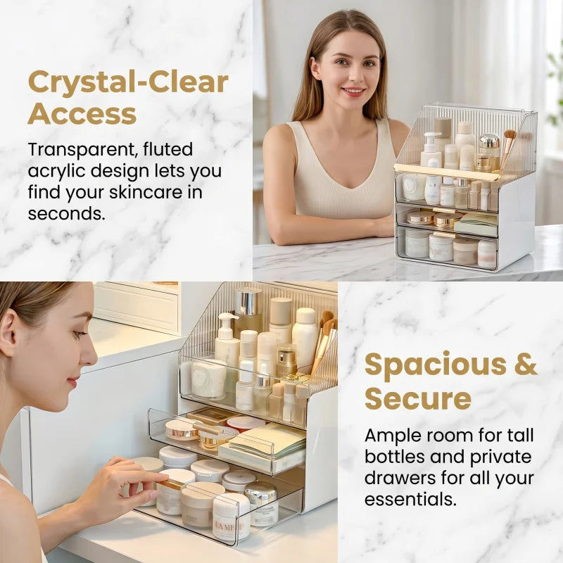 Makeup Organizer Countertop with Lid 3 Tiers Clear Skincare Cosmetic Display Storage Case for Vanity Bedroom Bathroom Dresser