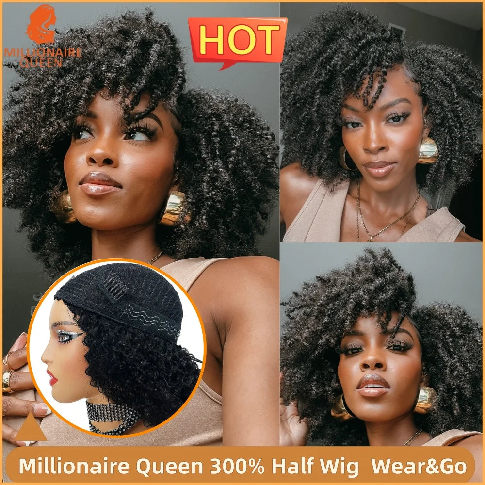 300% Millionaire Queen Half Wigs Wear and Go Beginner Friendly Headband Wig Pixie Curly Half Wig Clip Ins Flip Over Glueless Wig