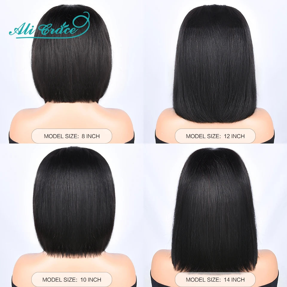 Ali Grace Straight Bob Human Hair Wigs With Bang Natural Color Full Machine Made Wigs 180% Density Brazilian Remy Hair Bob Wigs