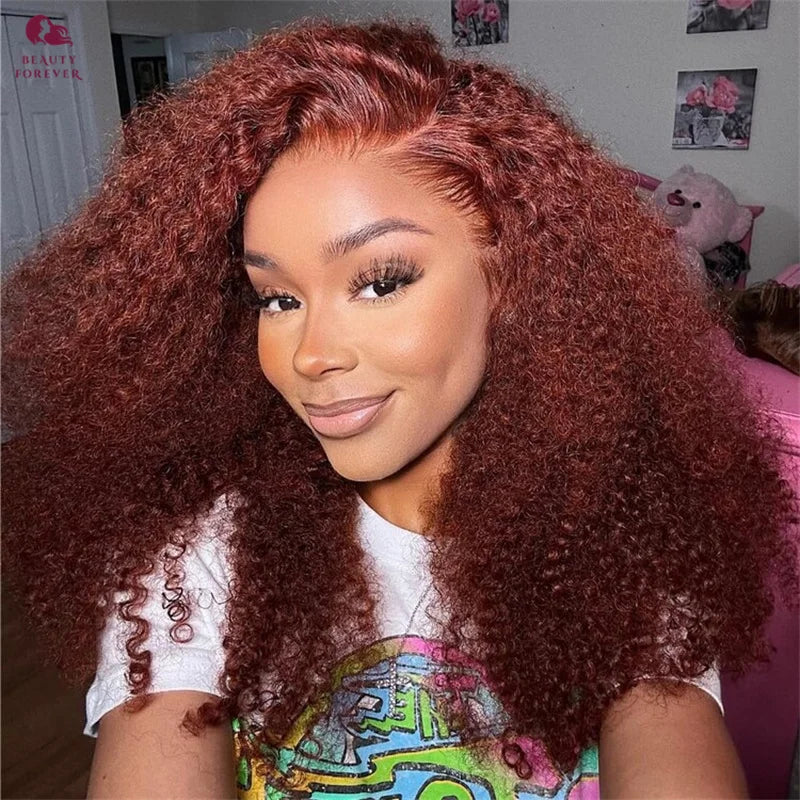 Beautyforever 7x5 Bye Bye Knots Glueless Human Hair Wig Jerry Curly Reddish Brown Color HD Transparent Lace Front Wig 180%