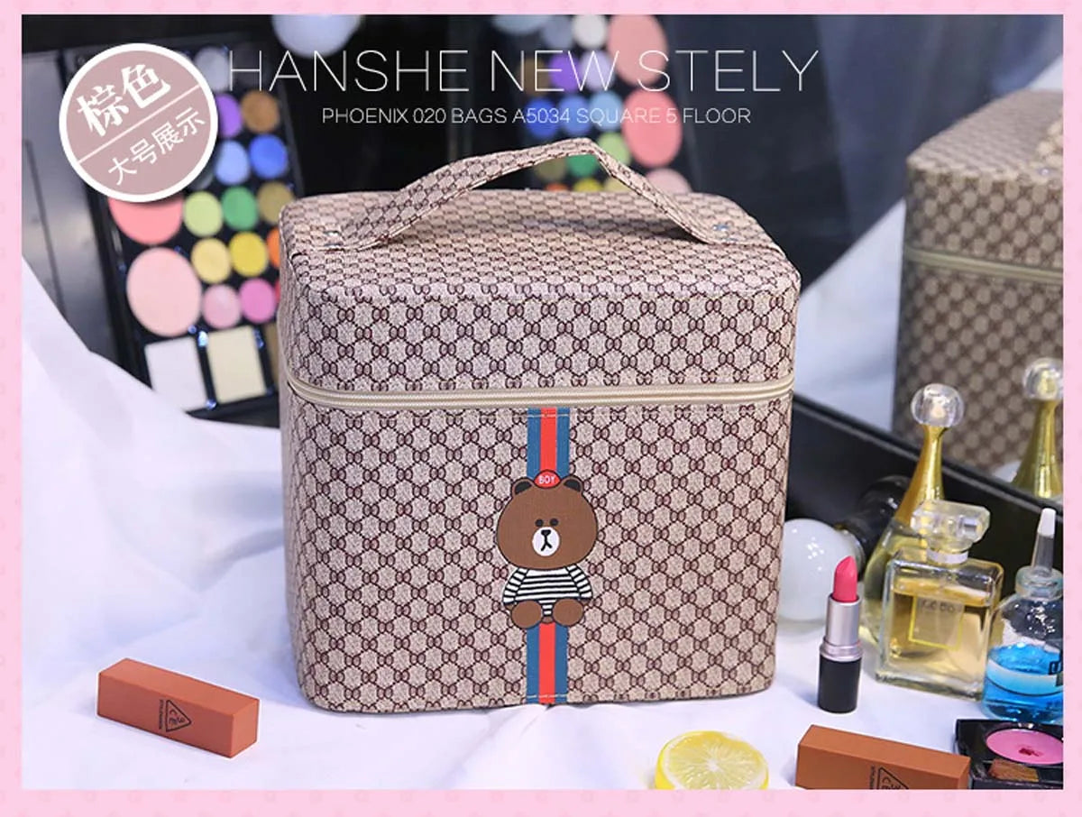 Large capacity new makeup bag Travel portable makeup case Portable high-end PU leather cosmetics storage bag cute bear pattern