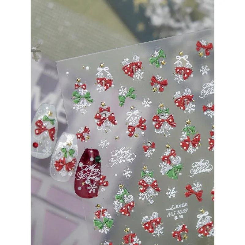 1Sheet 5D Embossed Christmas Ribbon Nail Decals Snowflake Pearl Star Stickers Decor for Nails Phone Case Resin DIY Craft