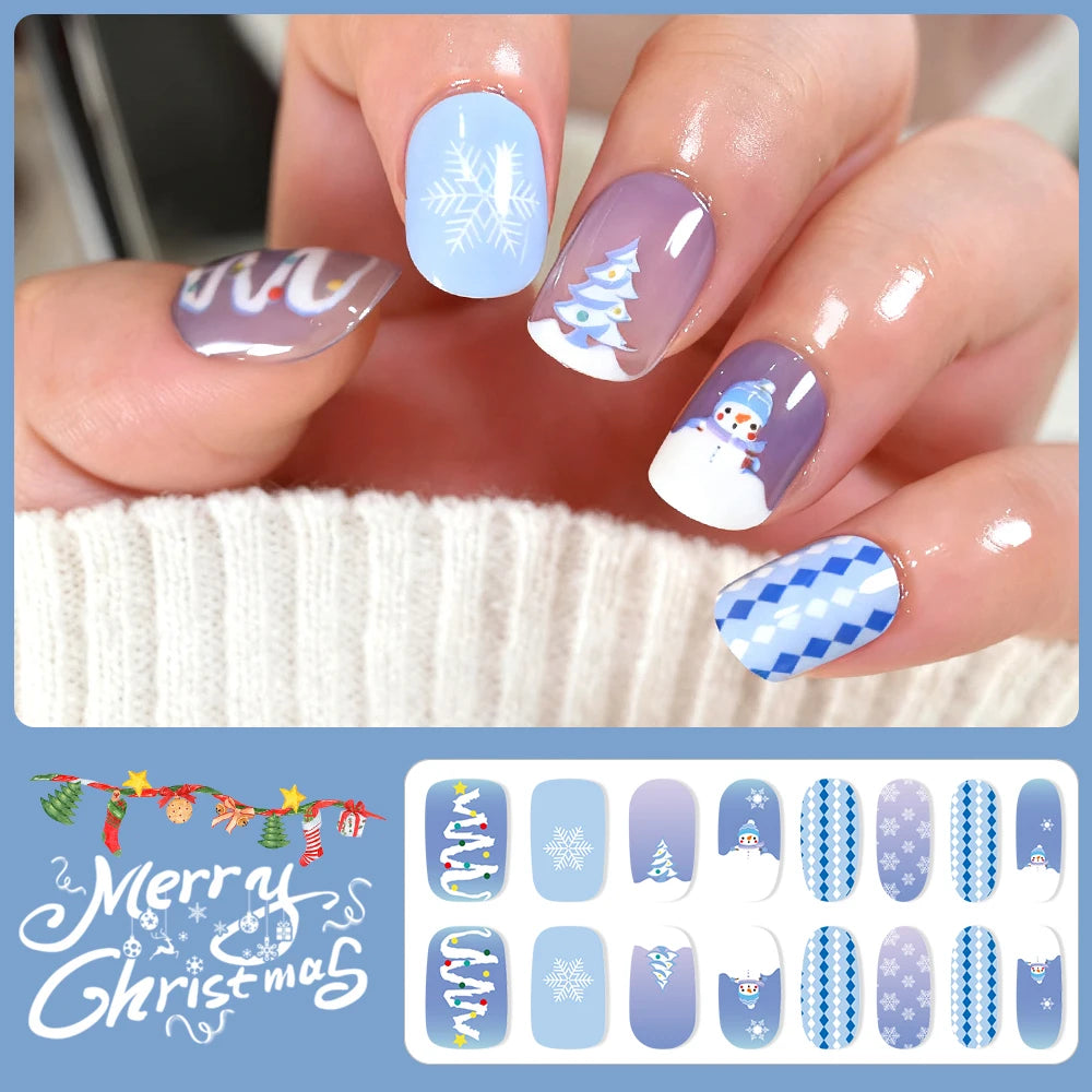 16Tips 3D Full Cover Christmas Series Nail Stickers Adhesive No Light Need Nail Art Wraps Strips Festival Manicure Polish Tips *