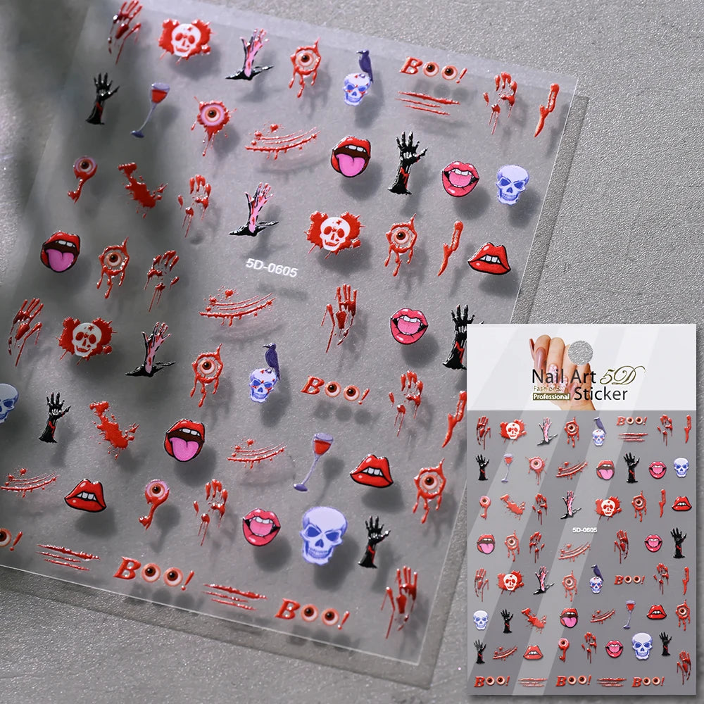 1sheet Bleeding Scars Skeleton Halloween Nail Stickers Ghost Face Pumpkin Eyeball Horrible Nail Decals Halloween Manicure Slider