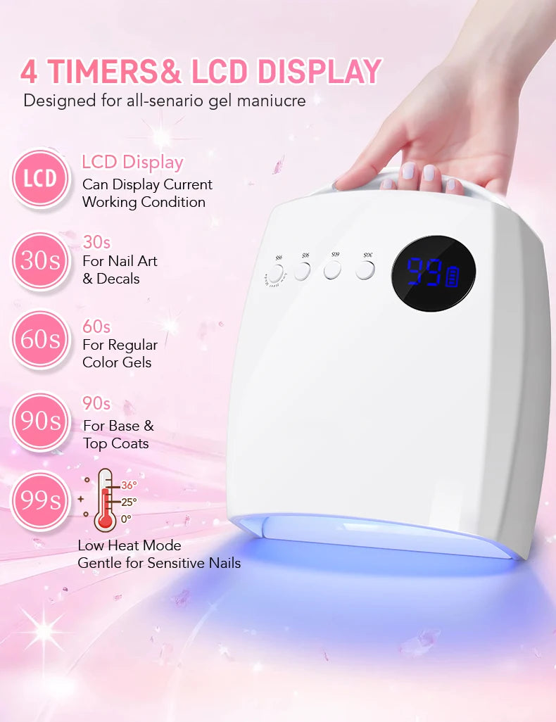 54W Cordless UV LED Nail Lamp with 30 Beads Rechargeable Professional Nail Dryer with 3 Timer Settings for Home and Salon Use