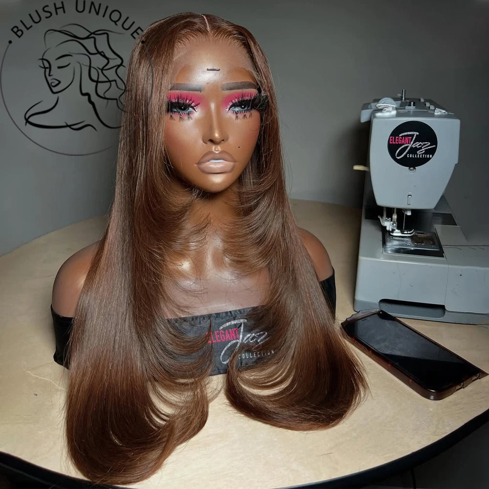 Chocolate Brown Layered Cut Lace Front Wigs HD 13X6 Straight Lace Front Wig For Women Synthetic Butterfly Haircut Glueless Wigs