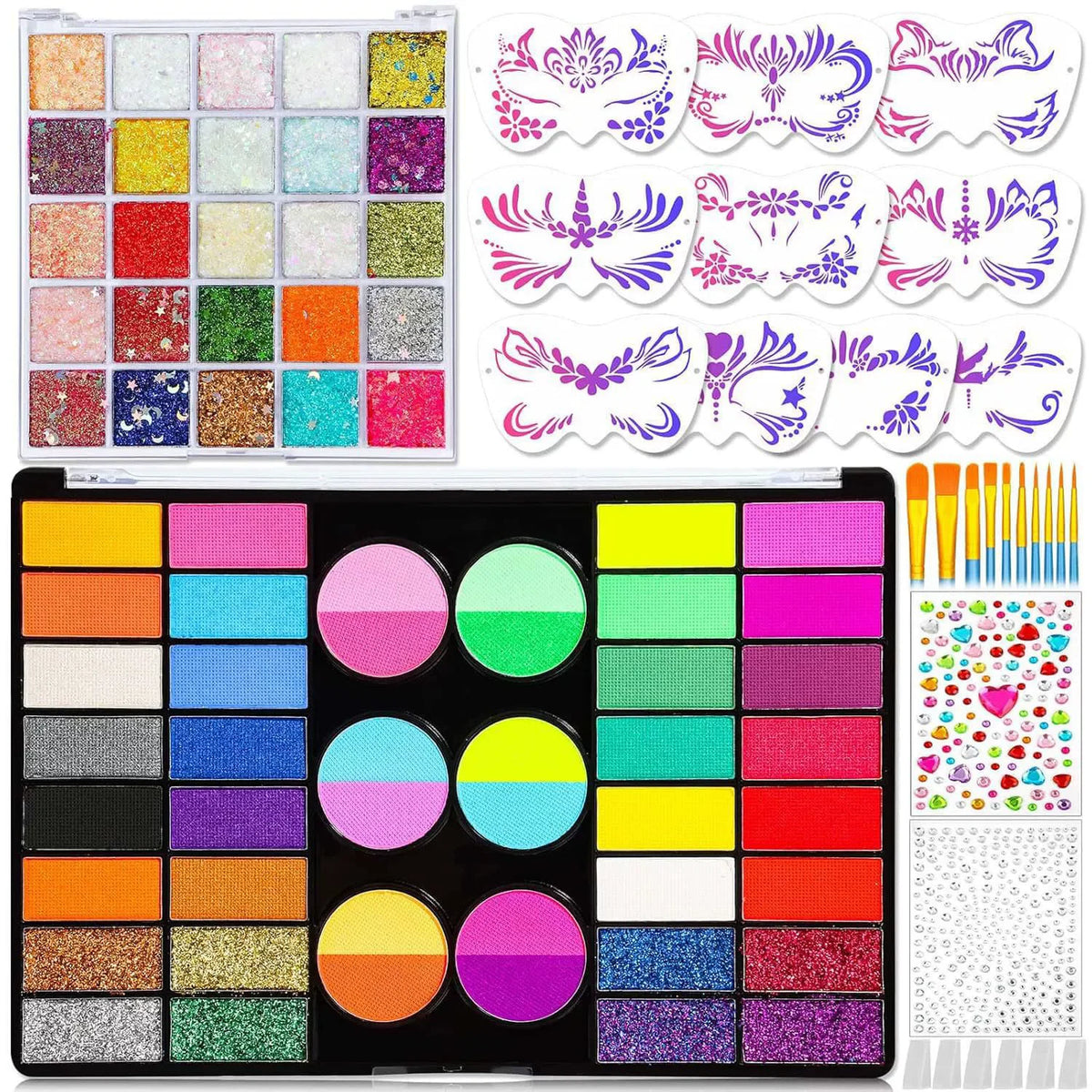 44-Colors Water-Based Face Paint Set with Glitter Makeup- Matte & Shimmer Face & Body Paint Palette Kit for Festivals Cosplaly