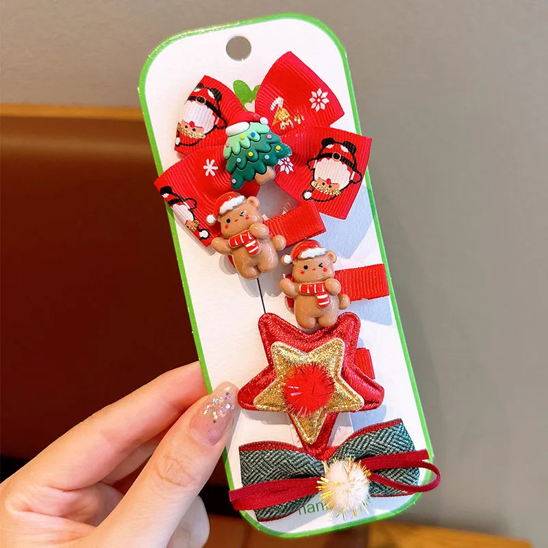 New Year Christmas Cute Cartoon Bow Hairpins Set Children Girls Hair Clips Pin Barrettes Accessories Headwear Headdress Ornament