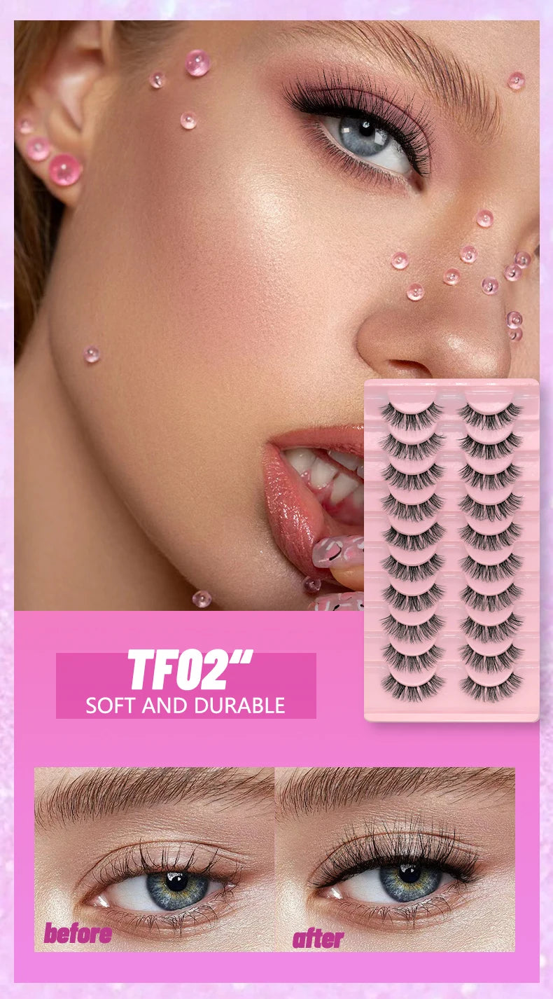 GROINNEYA Manga Lashes 5/10 Pairs 3D Clear Band Lashes Natural Look Mink Eyelashes Fluffy Cat Eye Lashes Pack Fake Eyelashes