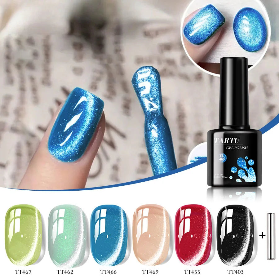 TARTU 6pcs 8ml Nude Pink Red Blue Green Brown Black Cat Eye Nail Gel Set, 6 Colors Semi-permanent Gel Polish Kit, Soak Off Uñas