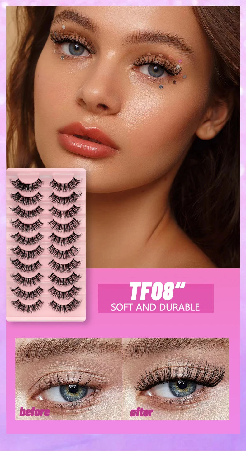 GROINNEYA Manga Lashes 5/10 Pairs 3D Clear Band Lashes Natural Look Mink Eyelashes Fluffy Cat Eye Lashes Pack Fake Eyelashes