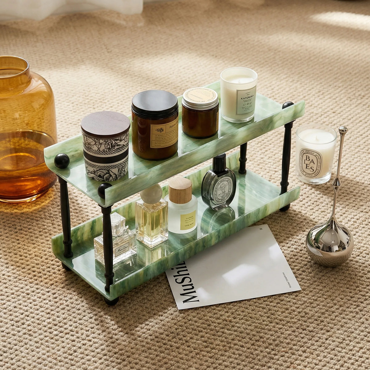 Wood and stone acrylic makeup brush storage box marble rotating dust-proof storage cylinder grid large-capacity lipstick box