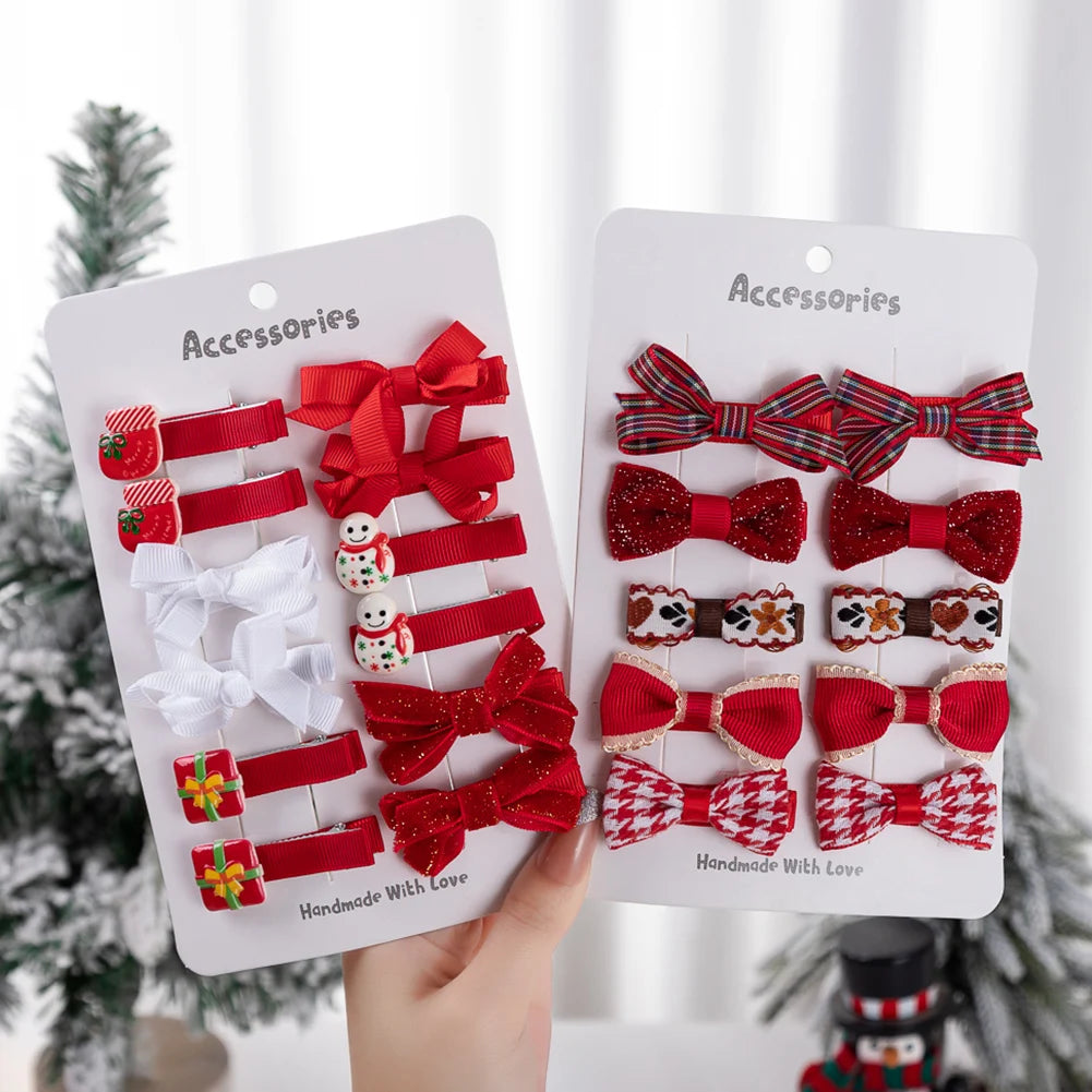 10Pcs/Lot Christmas Baby Girls Hair Clips Ribbon Santa Claus Gift Socks Tree Resin Hair Bows Xmas Dance Party New Year Hairpins