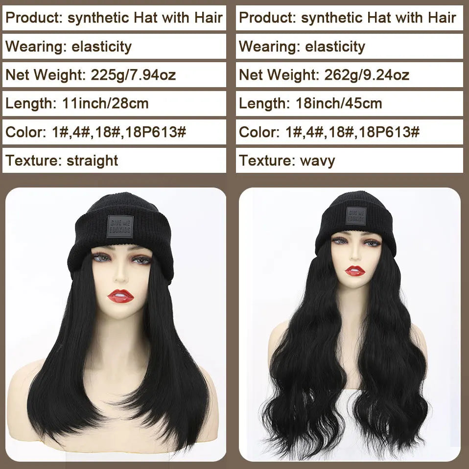 Hat Wig Knitted Beanie Wig Hat Hair Extension 11''18'' Long Wavy Curly Black Hat Wig Synthetic Hairpiece for Women Girls Winter