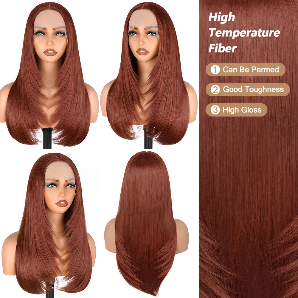 HD Straight Lace Front Wig Layered Wigs Reddish Brown Layered Cut Lace Wigs Copper Red Synthetic Butterfly Haircut Glueless Wigs