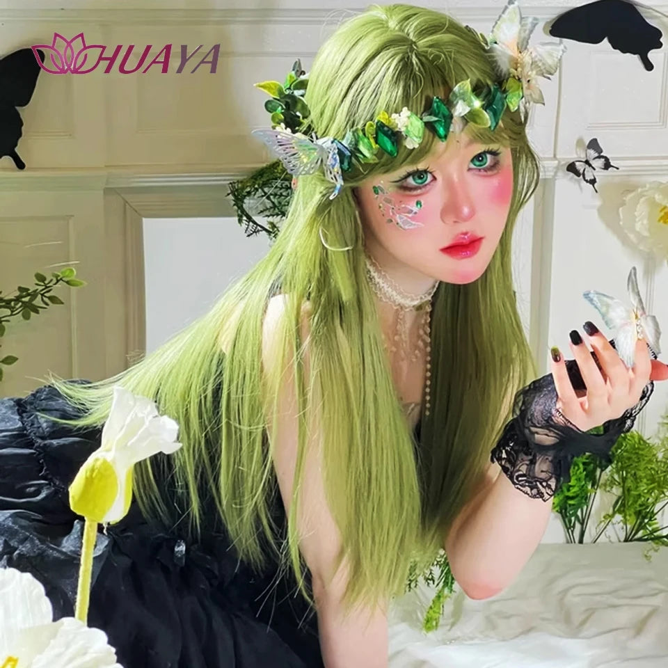 Green Long Straight Synthetic Wigs with Bangs for Women Green Cosplay Colorful Wigs Christmas Natural Fake Hair Heat Resistant