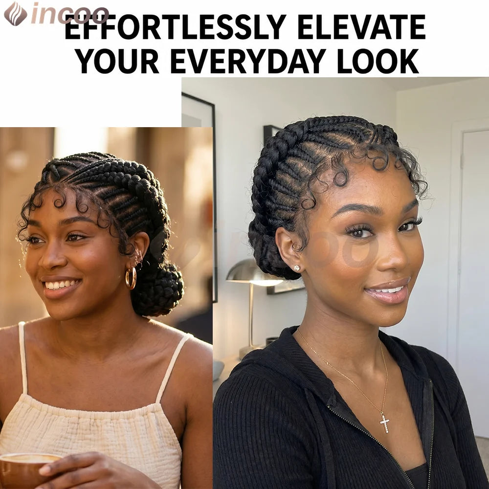 Short Cornnrow Braid Wigs Buns Glueless For Black Women Synthetic HD Full Lace Wig Neat Braids Wig African Protective Style