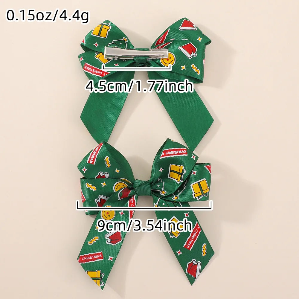 4Pcs Merry Christmas Printed Ribbon Bow Hair Clip Long Tail Barrette Red Green Xmas Tree Deer Pattern Hairpin Girls Headdress