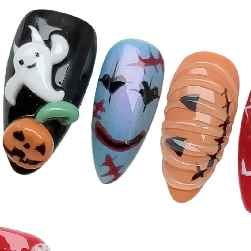 10pcs/Set Handmade Acrylic Press on Nails Mid-Length Almond Nails, Halloween Nails, 3D Pumpkin Spider Bat Ghost Fake Nails