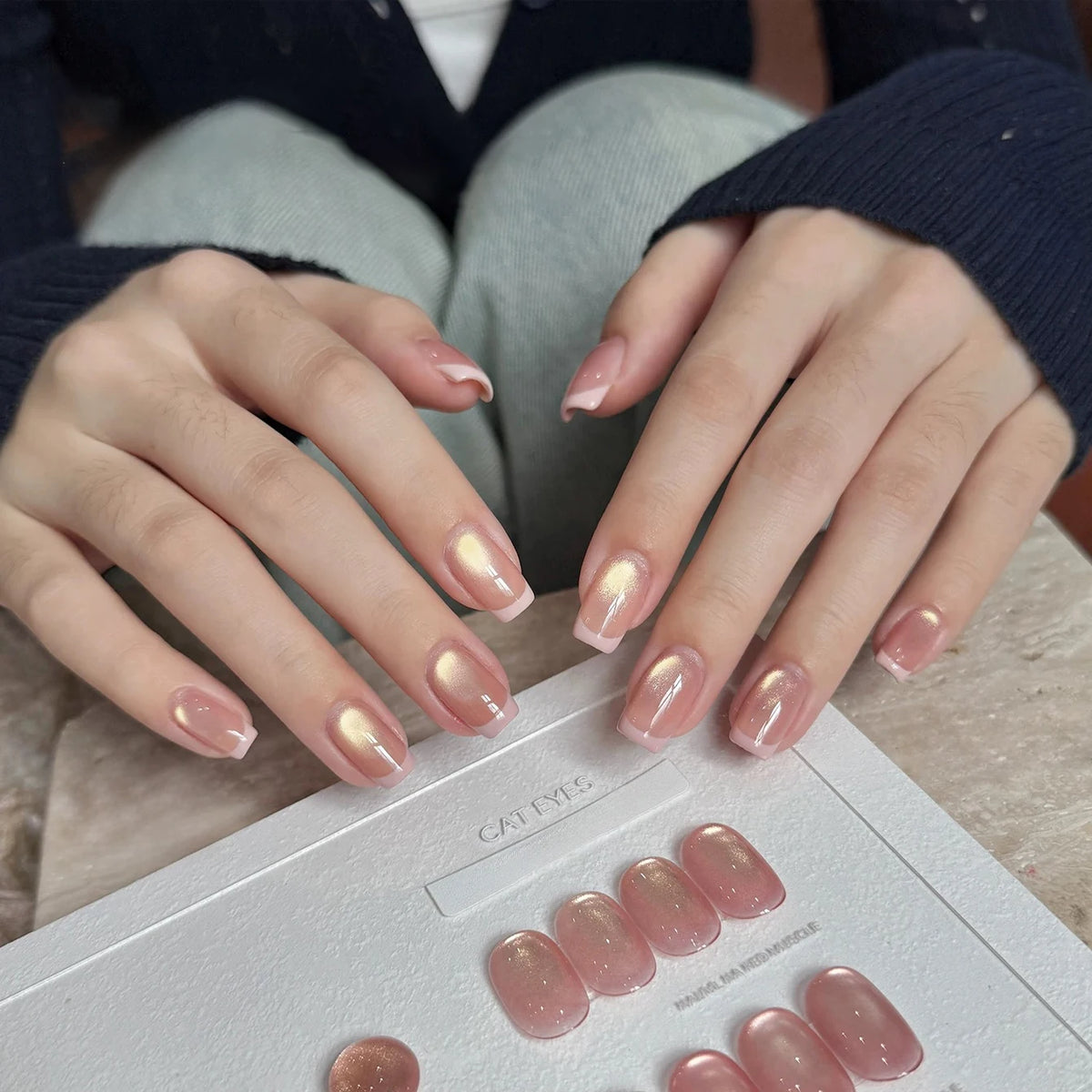 MN 10ML 1-16PCS Moonlight Ballet Magnet Cat Eye Nail Polish Gel Nude Pink Style With Gold Glass Beads Cat Eye Look Nail Polish