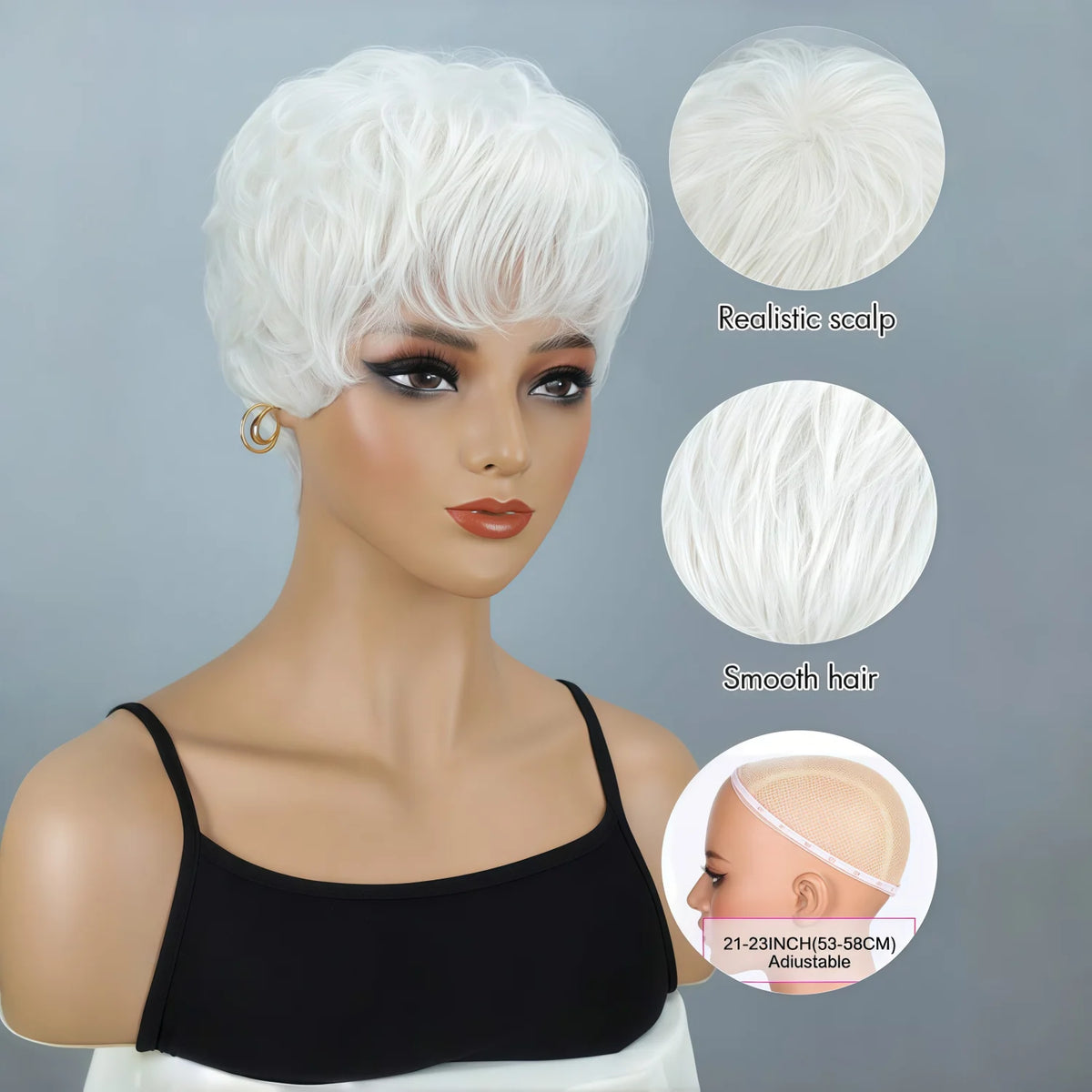 Ladies' Short Straight Wig, White, High-Density, Heat-Resistant, Breathable Rose-Colored Mesh Cap, White Straight Synthetic Wig