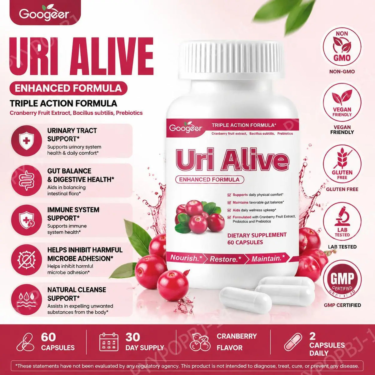 Googeer Uri Alive Triple Action Formula Capsules with Vitamin C, D-Mannose and Cranberry Extract for Urinary Support 60 Capsules