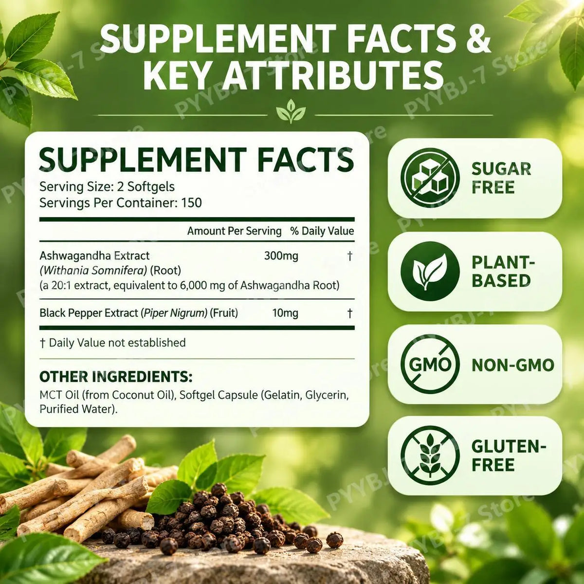 Ashwagandha Complex Softgels with MCT Oil and Black Pepper 20:1 Extract Stress Relief, Mental Focus Energy Support 300 Softgels