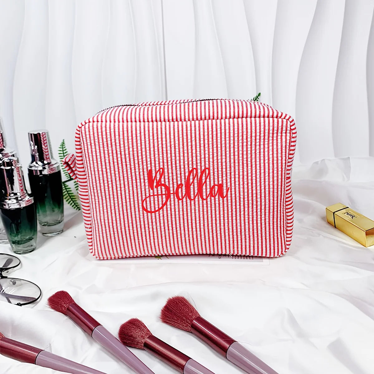 Custom Name Embroidered Makeup Bag Striped Cosmetic Pouch Travel Toiletry Organizer Large Capacity Zipper Pencil Case Gift Women
