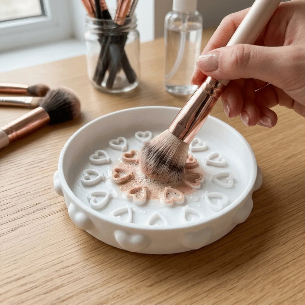 Cute Brush Cleaning Tray Heart Pattern Portable Makeup Brush Cleaner Bowl Cleaning Mat with Textured Base Brush Cleaning Tool