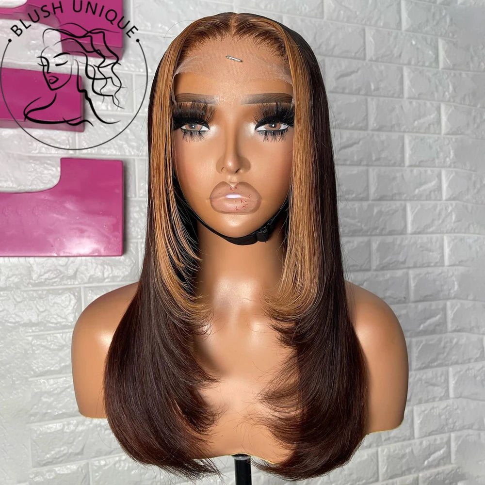 Chocolate Brown Layered Cut Lace Front Wigs HD 13X6 Straight Lace Front Wig For Women Synthetic Butterfly Haircut Glueless Wigs
