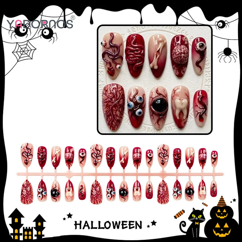 30pcs Bloody Red French Style Fake Nails Spooky 3d Eyeballs Tooth Vascellum Decor Press On Nails Horror Halloween False Nail