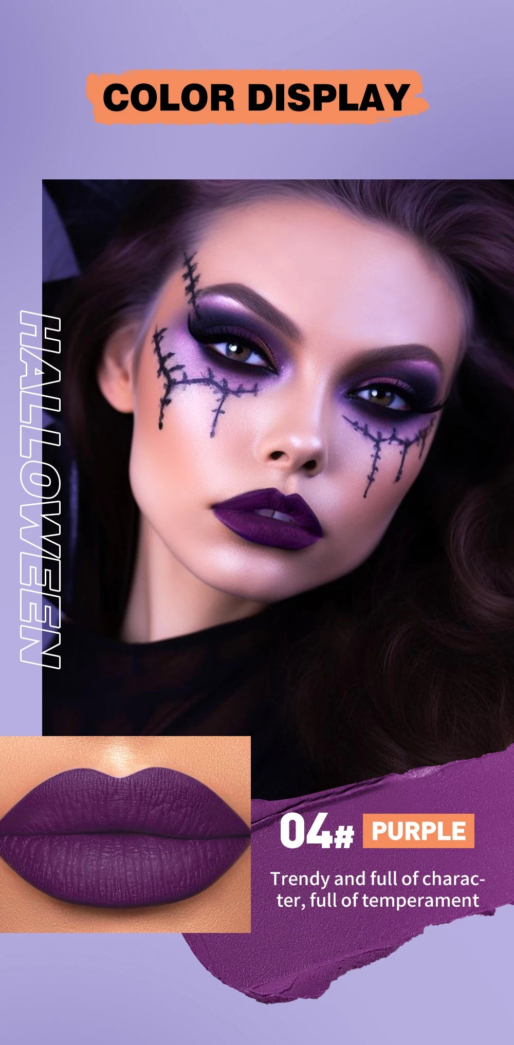 QIBEST Halloween Lipgloss Makeup Sets Matte Liquid Lipstick Waterproof Red Lipgloss Black Purple Orange Non-Stick Cup Lipstick