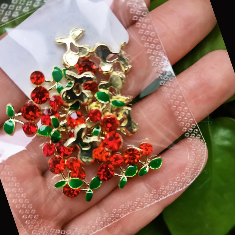 20Pcs Glitter Cherry Rhinestone 3D Nail Charms 10mm Red & Pink Cherry Christmas Nail Art Y2K Alloy Metal Gold Cherry Nail Part