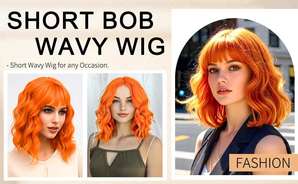 14inch Short Wavy Bob Synthetic Wig with Air Bangs Heat Resistance Shoulder Length Curled Wigs for Daily Use Cosplay for Women