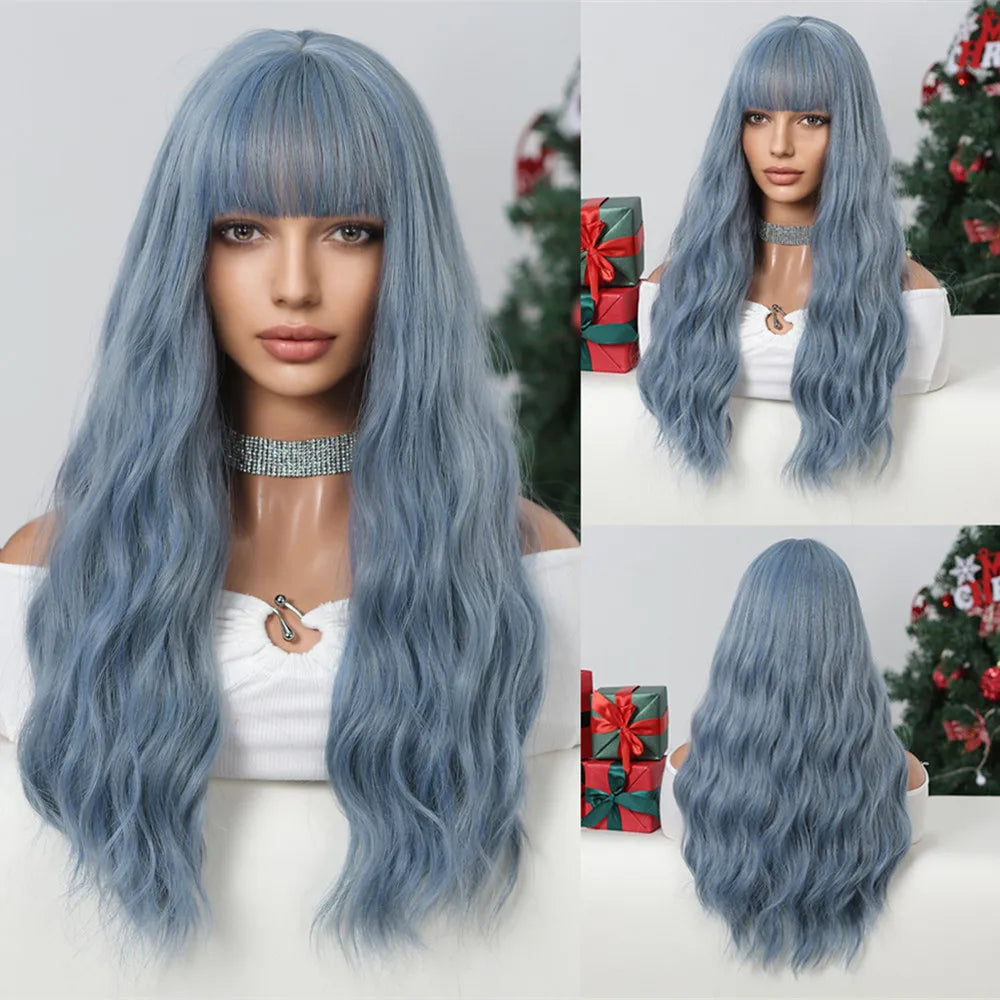 HENRY MARGU Light Green Curly Synthetic Wigs Long Colorful Wig with Bangs Heat Resistant Fiber for Cosplay Party Women Girls Use