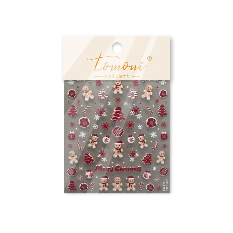 5D Embossed Red Jelly Christmas Gingerbread Man Nail Stickers Snowflake Candy Cane Xmas Tree Nail Decals Holiday Manicure Decor