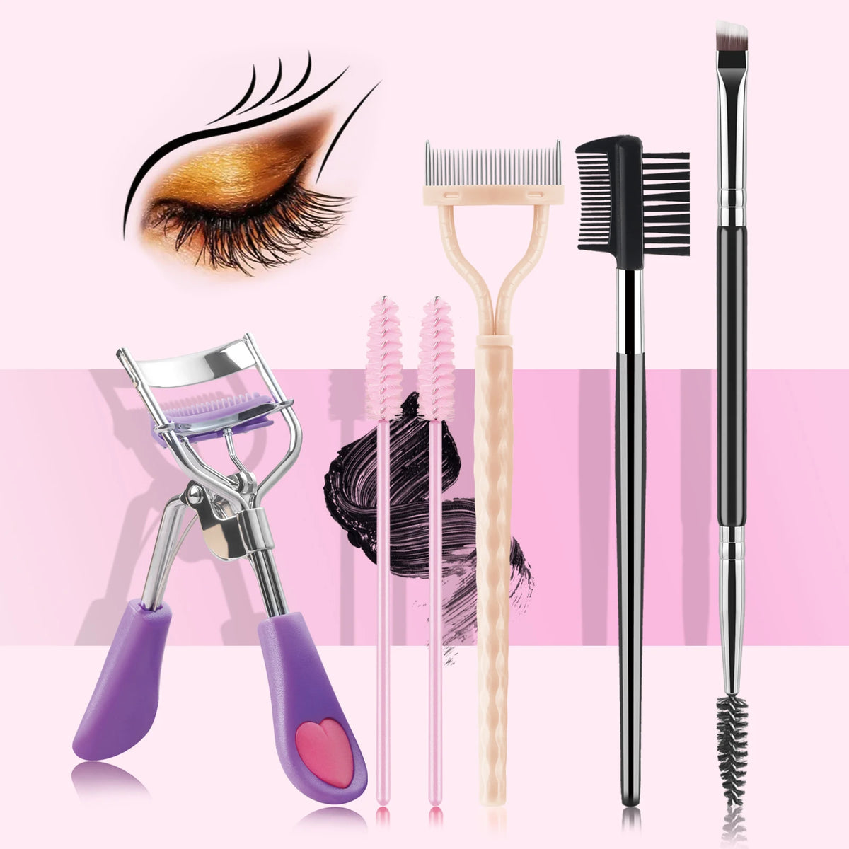 6Pcs Eyelash & Eyebrow Makeup Tools Kit Eyelash Curler Dual End Brow Brush Lash Comb Spoolie Applicator