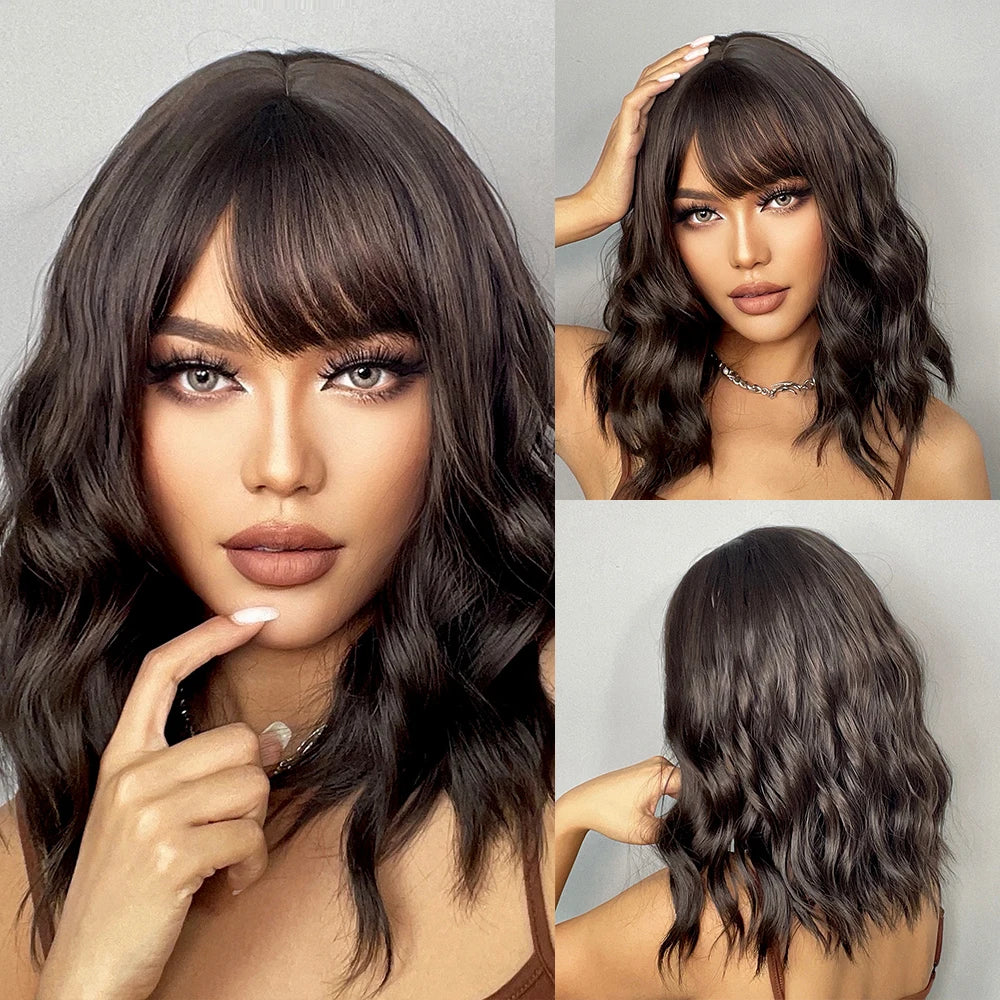 EASIHAIR Short White Bob Synthetic Wigs Short Wavy Lolita Natural Hair Wigs with Bangs for Women Heat Resistant Cosplay Wig