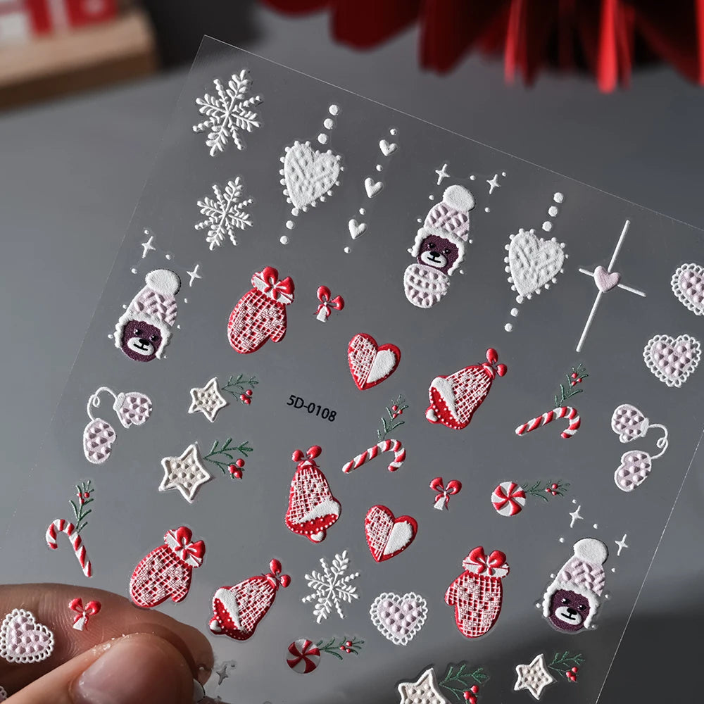 1sheet 5D Holly Berries Christmas Nail Declas Cute Polka Dots Christmas Trees Nail Stickers Gingerbread Man Snowflake Manicure