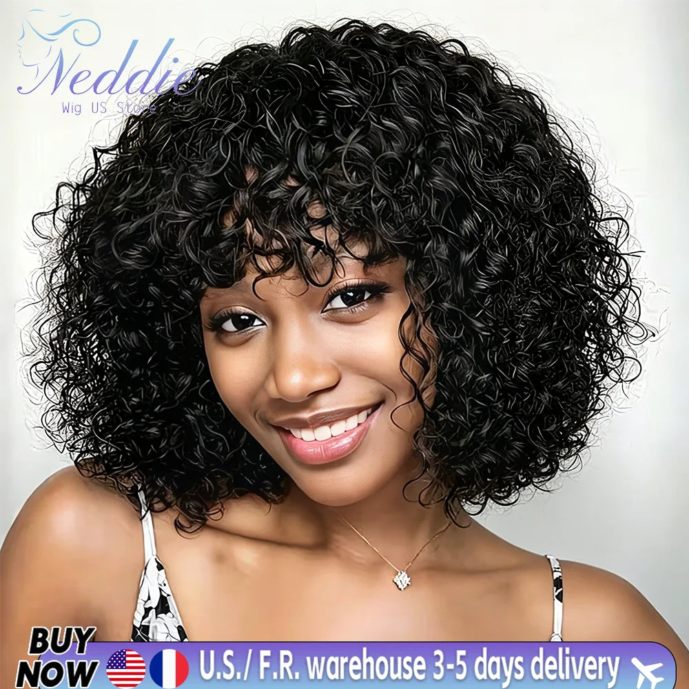 3X1 Middle Part Lace Curly Bob Wigs With Bangs Brazilian Hair Machine Made Short Bob Wig With Realistic Scalp Natural Black Color