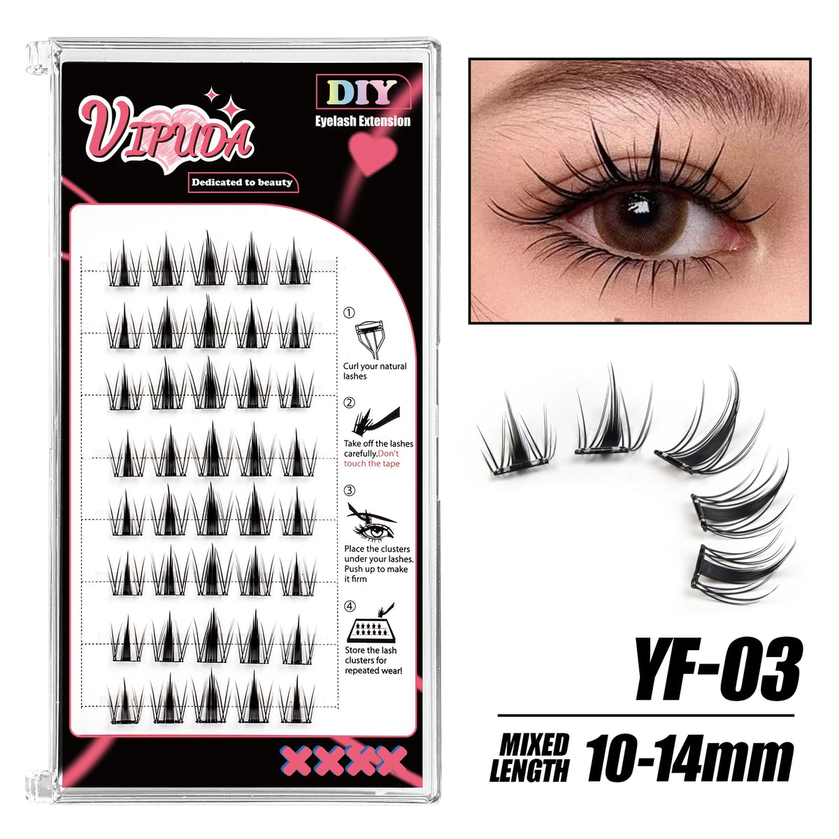 Vipuda Self Adhesive Cluster Lashes Press on No Glue Needed Segmented Eyelashes Reusable DIY Individual Eyelash Extension
