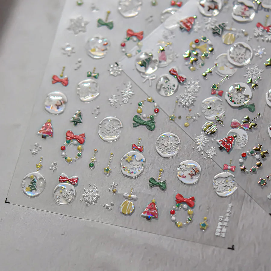Winter Christmas Nail Stickers Christmas Tree Crystal Ball Butterfly Knot Snow Bead Chain Self Adhesive Nail Art Accessories DIY