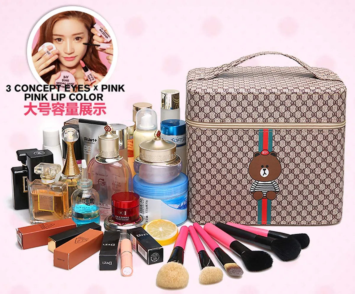 Large capacity new makeup bag Travel portable makeup case Portable high-end PU leather cosmetics storage bag cute bear pattern