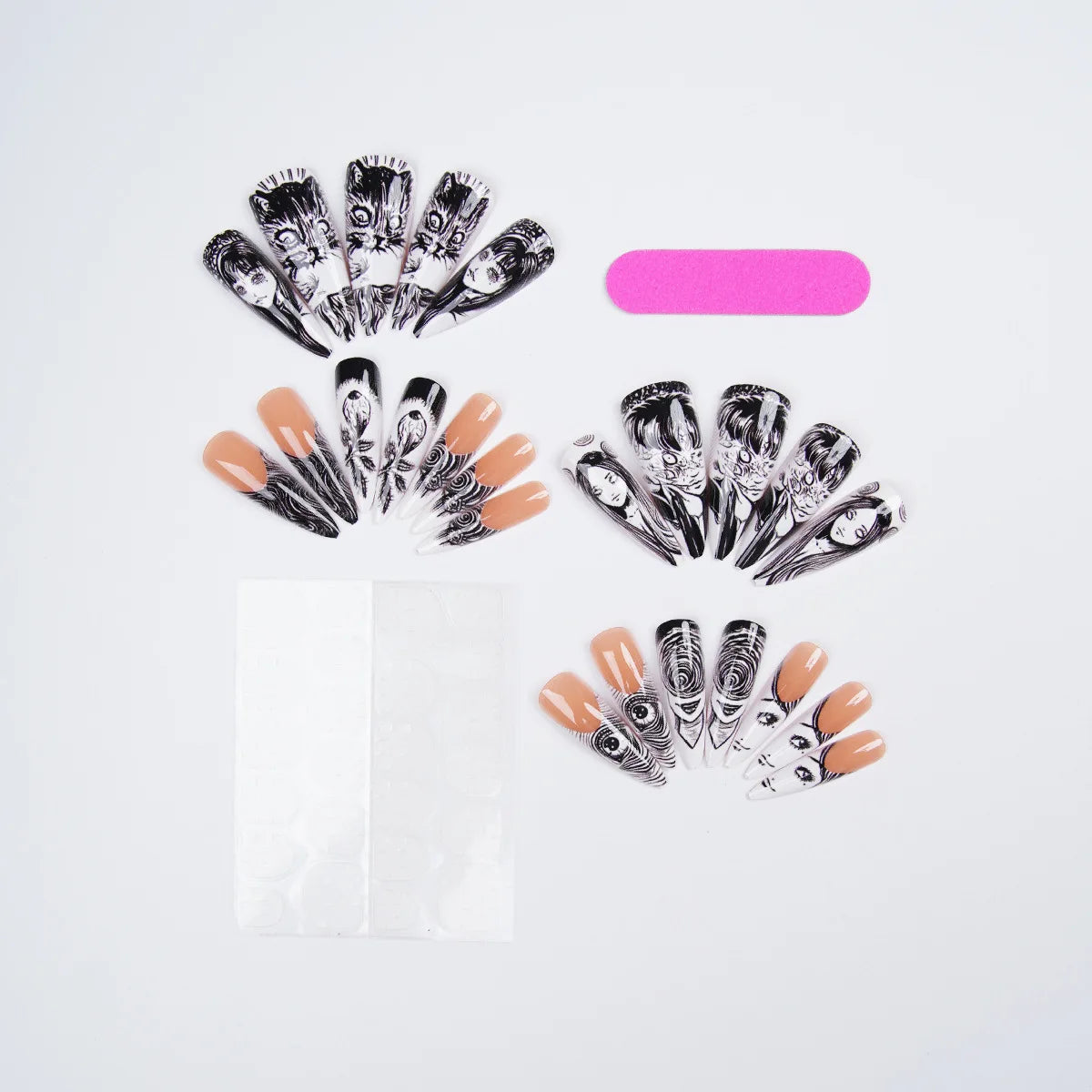 24pcs Horror Manga Press on Nails Halloween Face Eye Swirl Thorn Cat Fake Nail Gothic Spooky Long Stiletto False Nail for Women