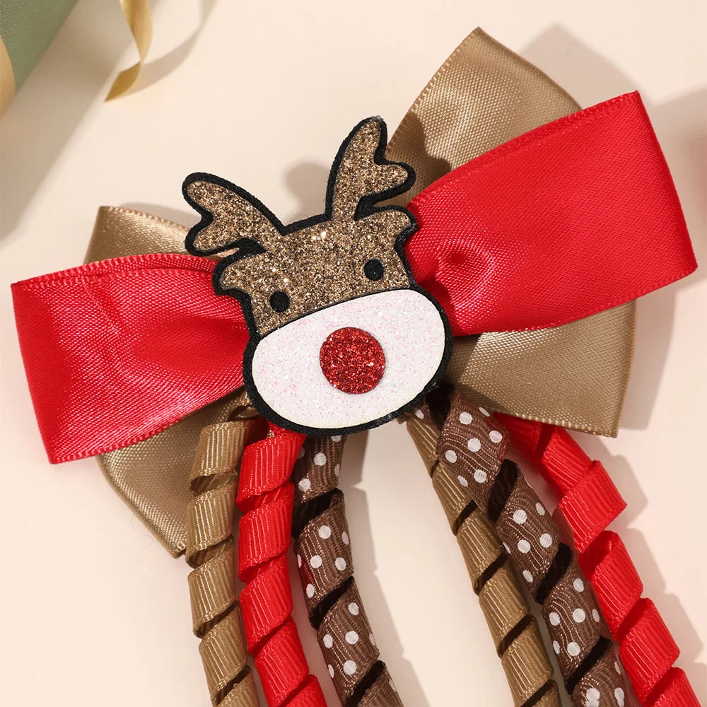 2Pcs Christmas Santa Claus Bow Hair Clips For Girls Cute Reindeer Curly Ribbon Tassels Hairpins Kids  Xmas Party Accessories