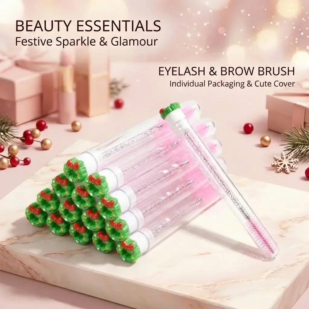 10pcs Christmas Mascara Eyelash Brush in Tube with Santa Claus Cap, Dust-Proof Reusable Mascara Wand Lash Applicator Makeup Tool