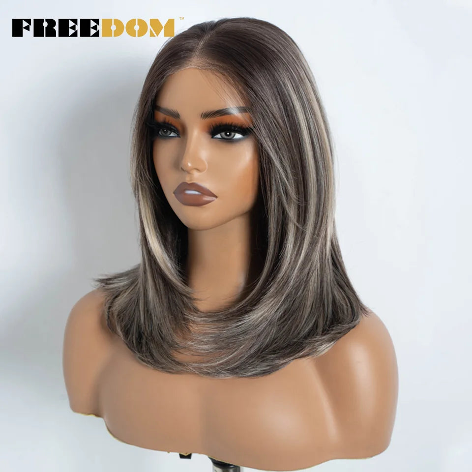 FREEDOM Synthetic Lace Front Wigs For Women Straight Bob Layered Wigs 13X3 Pre Plucked 16" Ombre Blonde Highlight Daily Use Wig
