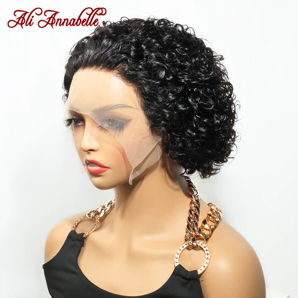 Ali Annabelle 13X1 Lace Part Curly Bob Wigs Human Hair Wigs For Women Short Pixie Cut Curly Bob Wigs Brazilian Transparent 150%