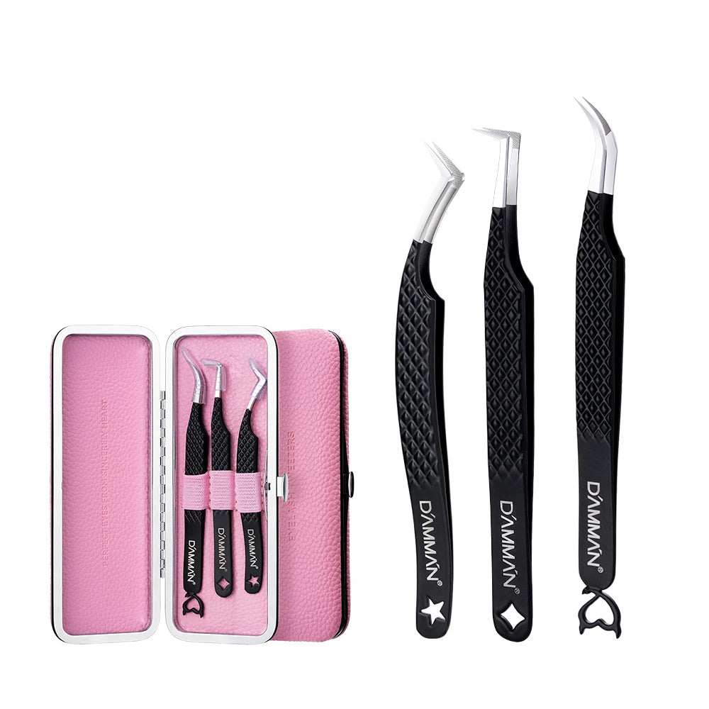 DAMMAN 3PCS Lash Tweezers Set Fiber Tip Tweezers for Eyelash Extension High Precision Eyelash Tweezers with Leather Case