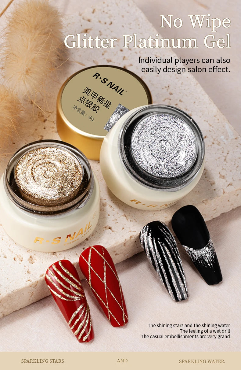 RSNAIL No Wipe Platinum Gel Nail Polish 8g Sparkle Painting Metallic Golden Silvery Liner Gel French Drawing Liner DIY Nail Art